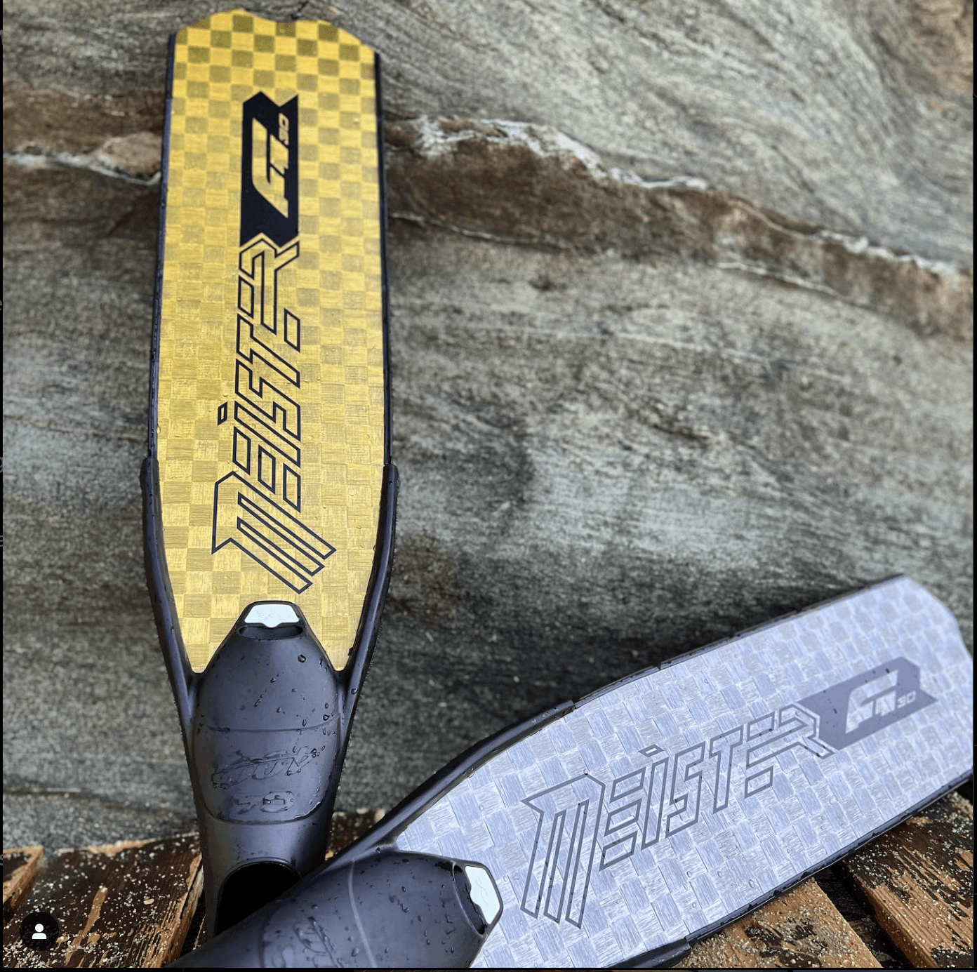 meister fins on a rock gold and silver