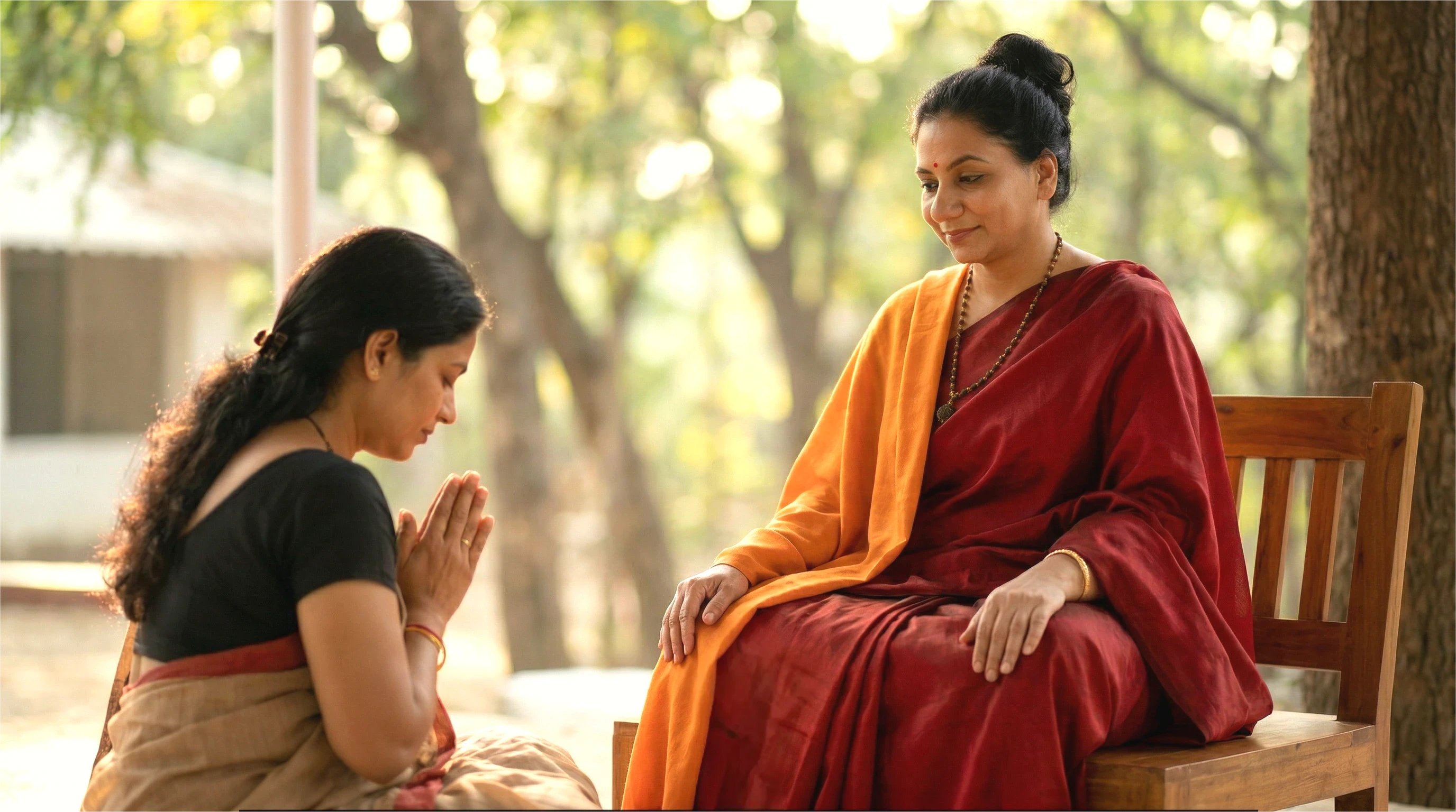 A sincere seeker approaching a spiritual guru  with folded hands, beginning the mantra diksha  inquiry process with Maa Shree Geetam