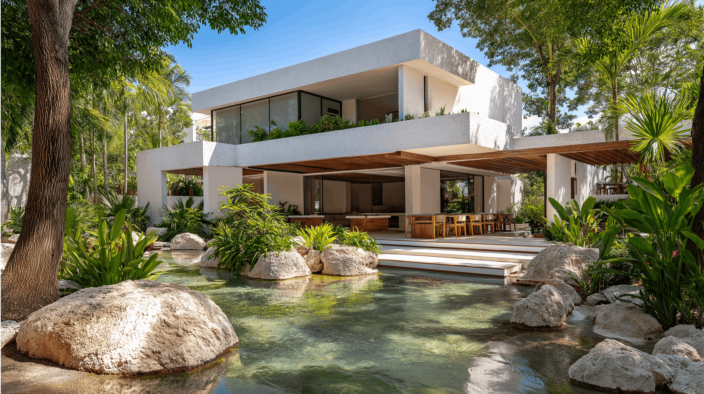 Front exterior of a contemporary single-story white house with a natural wood garage door and minimalist landscaping.