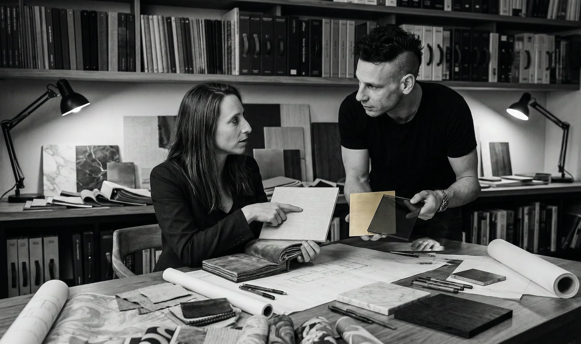 Iris en Tim Knubben vergelijken materiaalstalen — textiel, messing en steen — boven een uitgerolde tekening