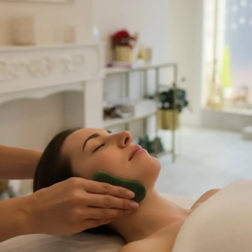 Kobieta podczas masażu Gua Sha, terapeuta przesuwa kamienny płytkę po linii żuchwy w gabinecie Belleza Beauty