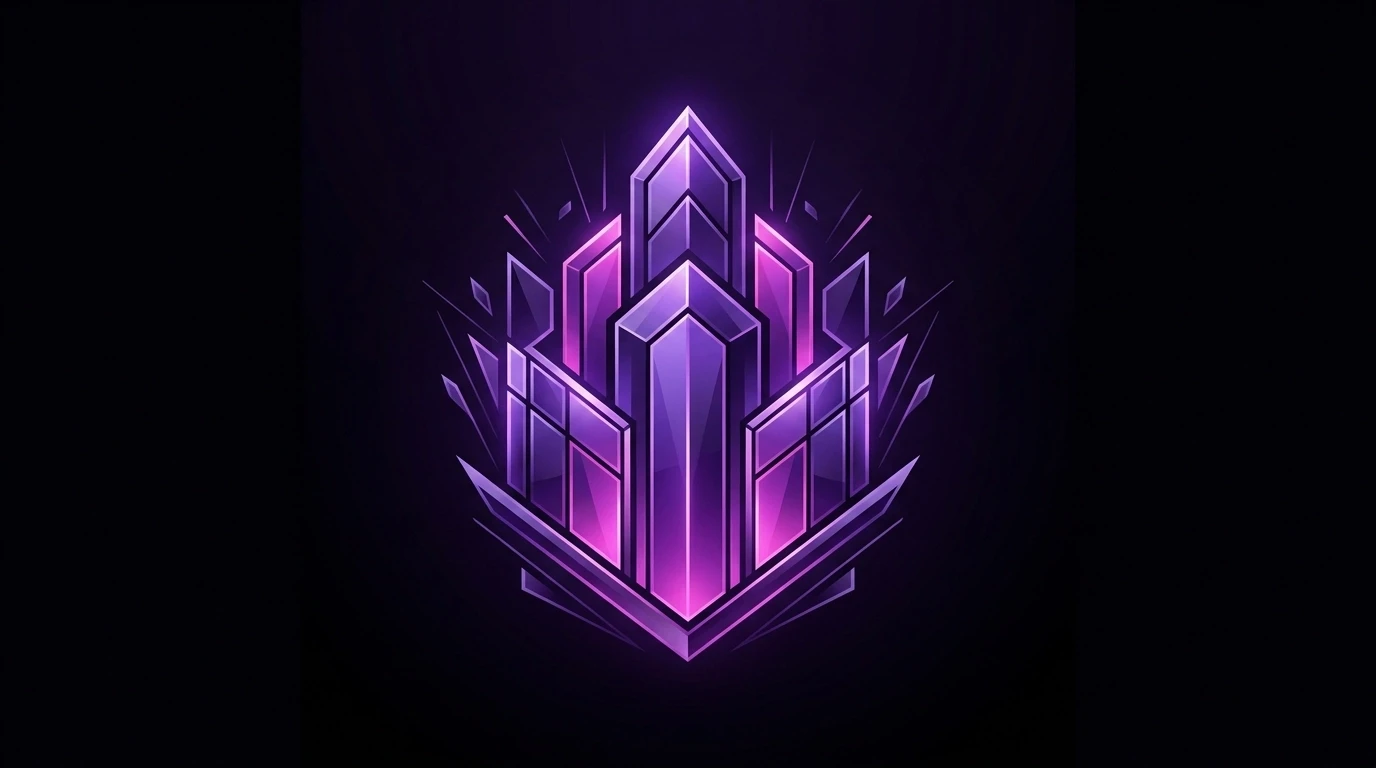 A luxury high-tech geometric authority emblem with violet and magenta glows on a deep black background, representing senior-level expertise