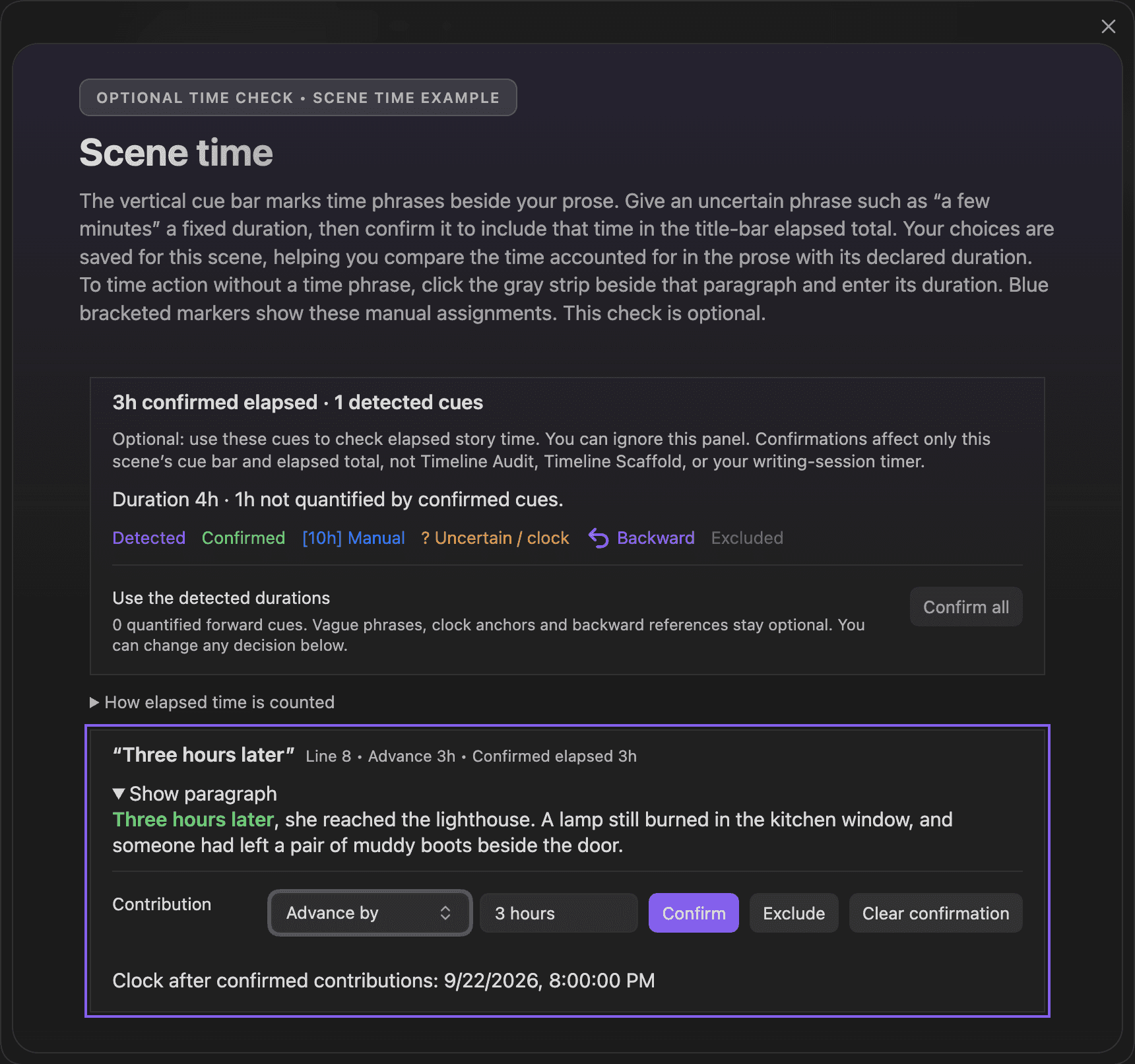The Scene time dialog shows the paragraph and editable three-hour contribution, with timing and exclusion controls.