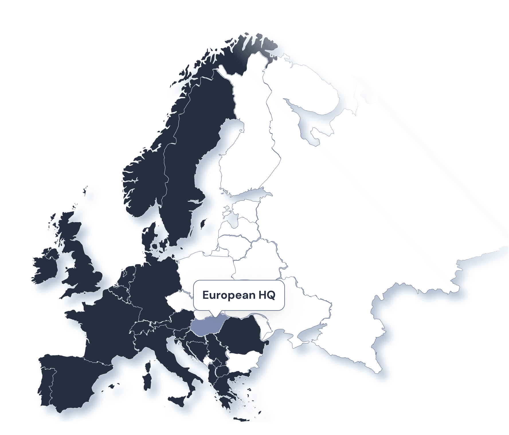 Map of Europe indicating countries with Dark Blue where ApPello is present, and Hungary in brighter blue where the HQ is