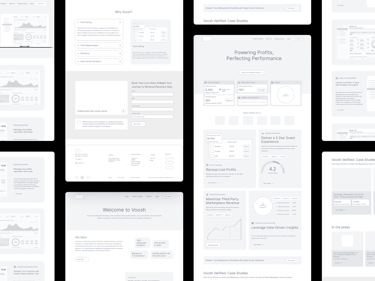 Wireframe designs for Voosh.ai’s website, created by One Craft, outlining the layout for AI-powered analytics dashboards, booking systems, and financial performance insights.