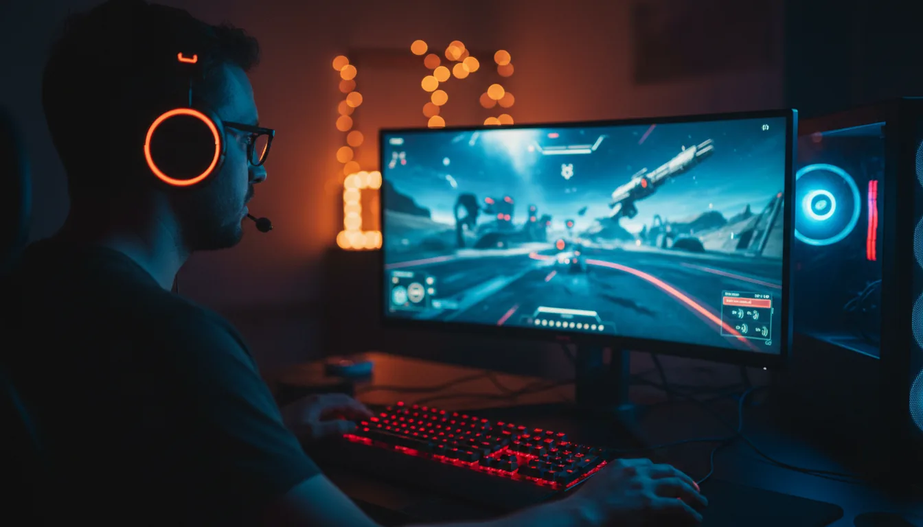 DSLR photograph, over-the-shoulder view of a man wearing glasses and a glowing orange gaming headset, intently playing a sci-fi video game on a computer. The dark room is filled with cinematic contrast lighting, primarily illuminated by the vibrant blue glow of the monitor and the red light from the keyboard. Shallow depth of field with a sharp focus on the gamer and the screen, creating a warm, blurred bokeh background.