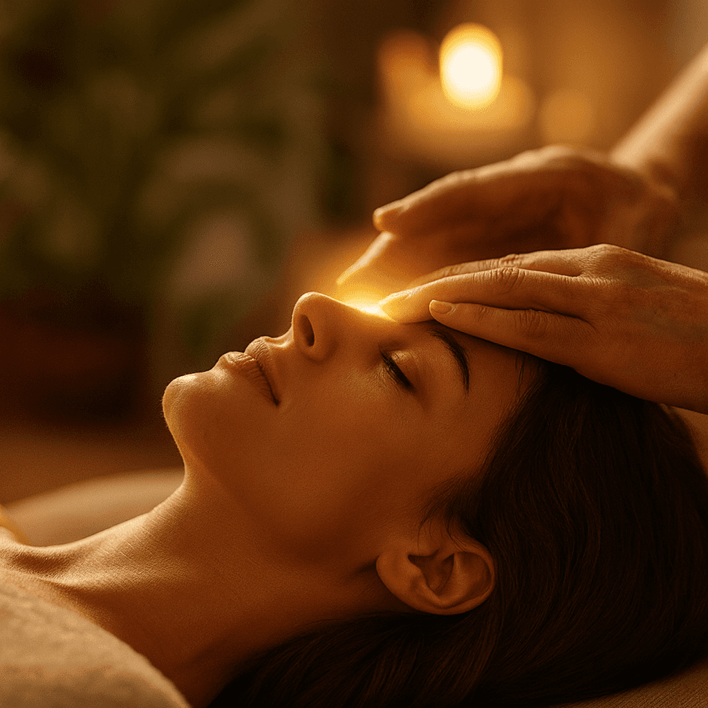 A woman receives a relaxing energy healing in a serene setting with soft lighting.