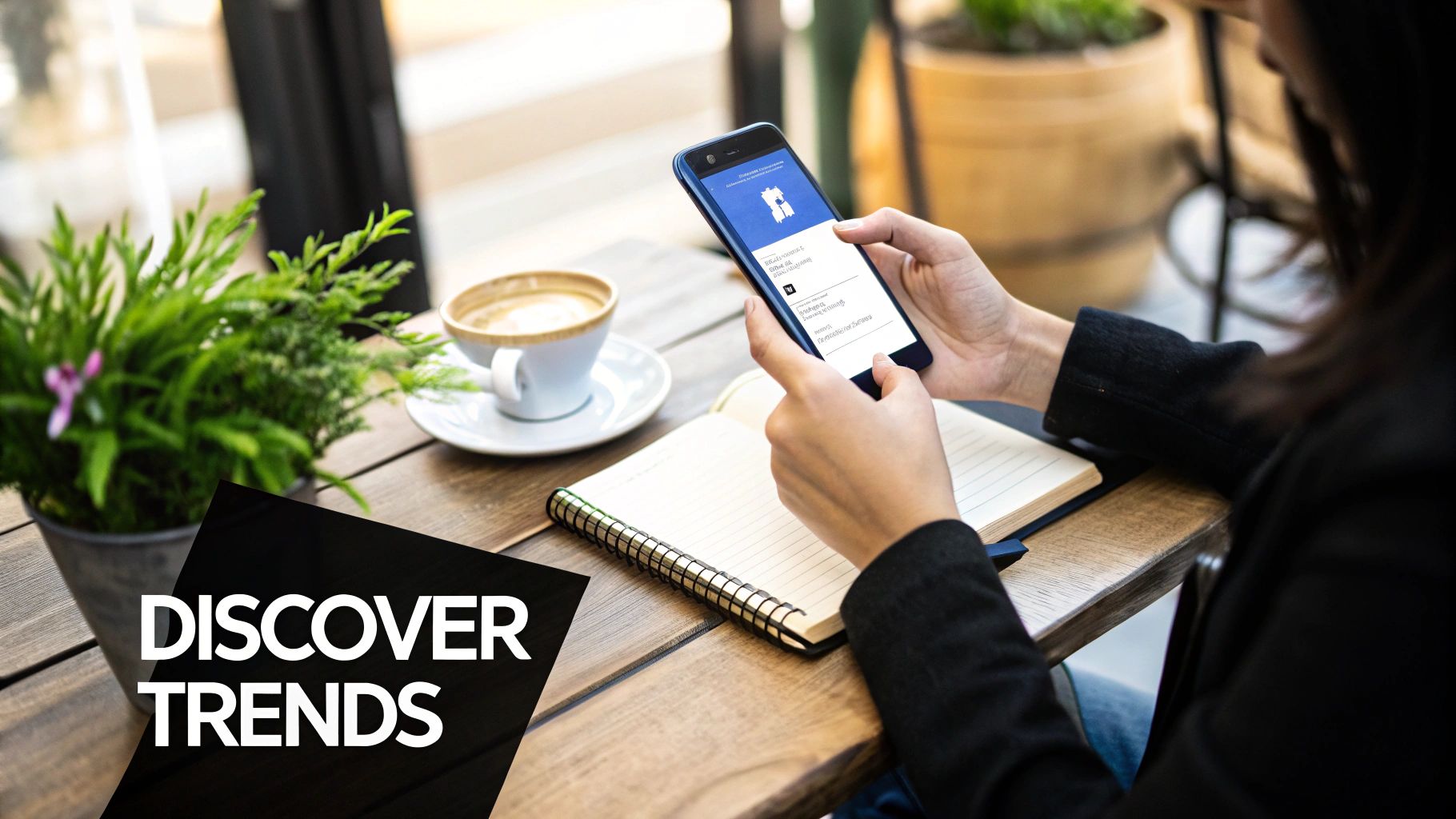 Person holding a smartphone displaying social media trends, with coffee, notebook, and plant on a wooden table.