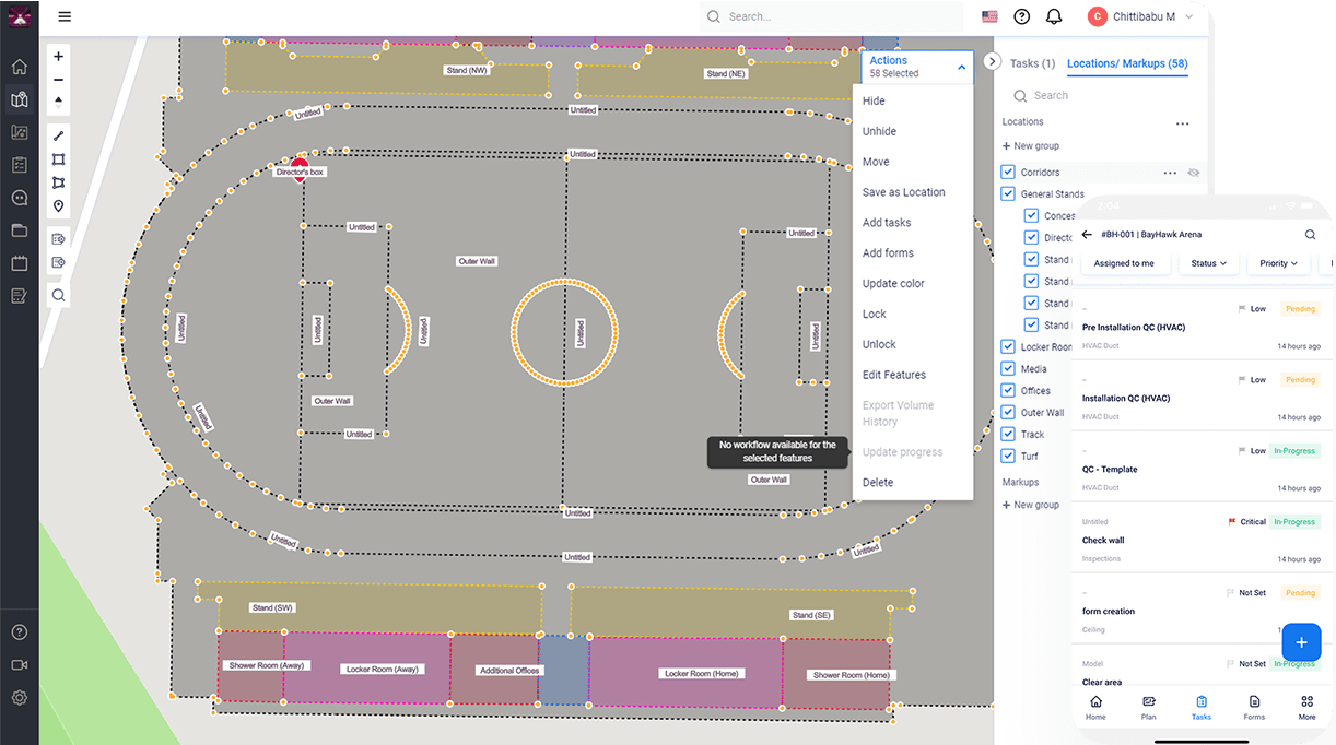 Layered map and plan views of your construction jobsite on TaskMapper Web and mobile app.