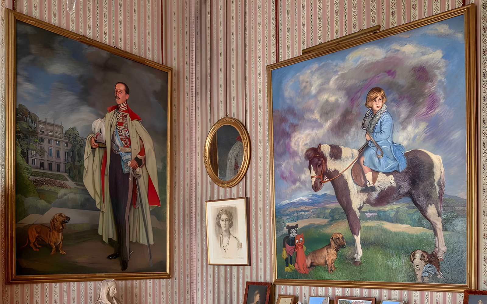 Slike u palači Liria koje prikazuju čovjeka sa psom i dijete na konju.