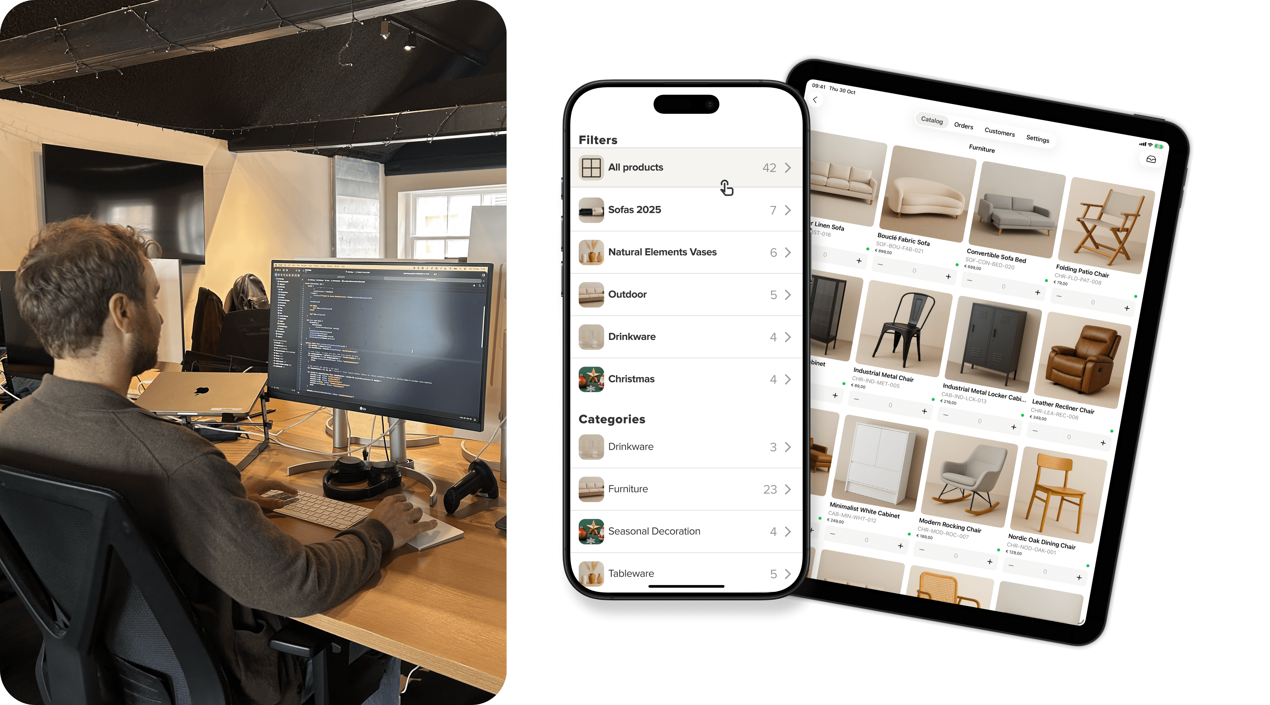 Jochem, Project Lead van de Orderchamp Cloud Sales App, werkt aan zijn bureau aan de ontwikkeling van de Sales App. Naast hem staan mockups van een mobiel en tablet waarop de app-interface te zien is