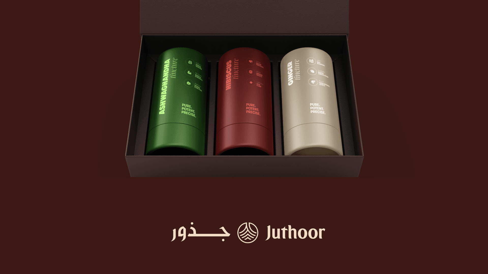 Classy packaging for Juthoor botanical beverage products, designed by The Tomorrow Agency