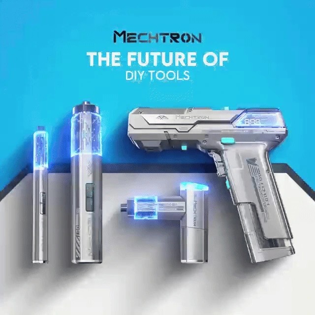 The Mechtron tool set range set against a techy light blue and grey background