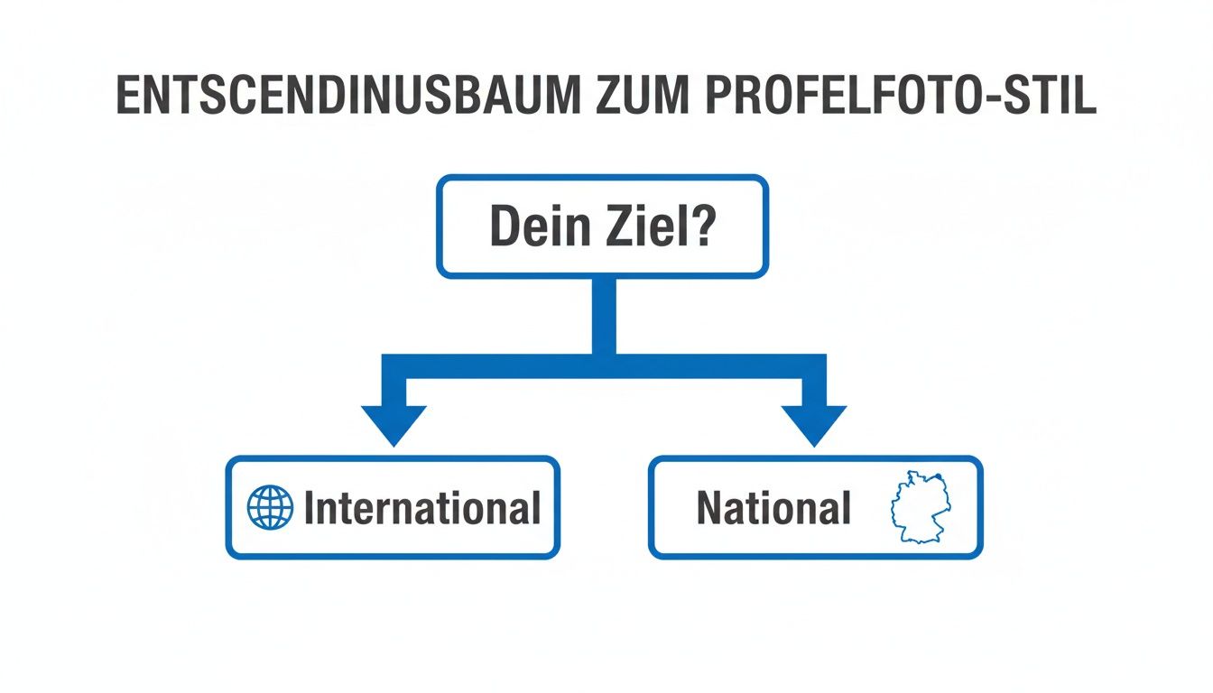 Ein Flussdiagramm zeigt die Frage „Dein Ziel?“, mit zwei Optionen: „International“ (mit Globus) und „National“ (mit Deutschlandkarte).