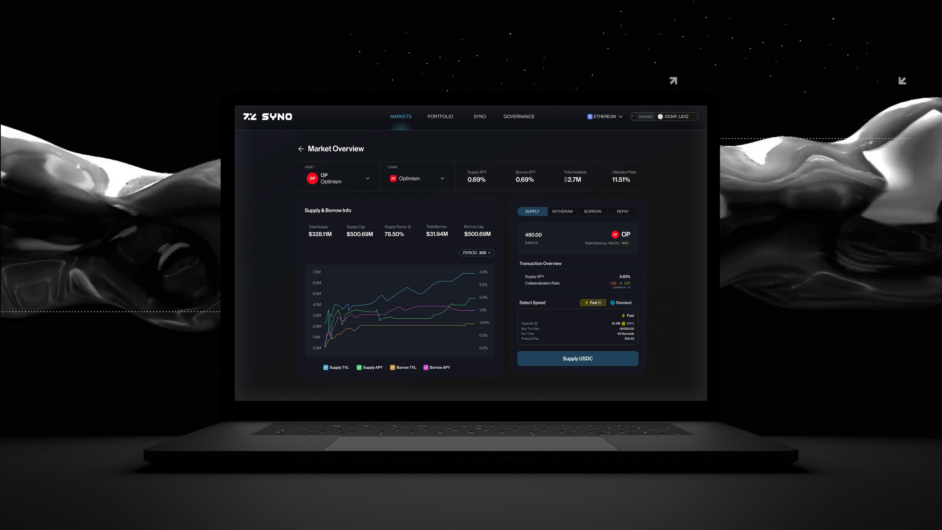 Laptop showing UI of the SYNO cross chain lending protocol
