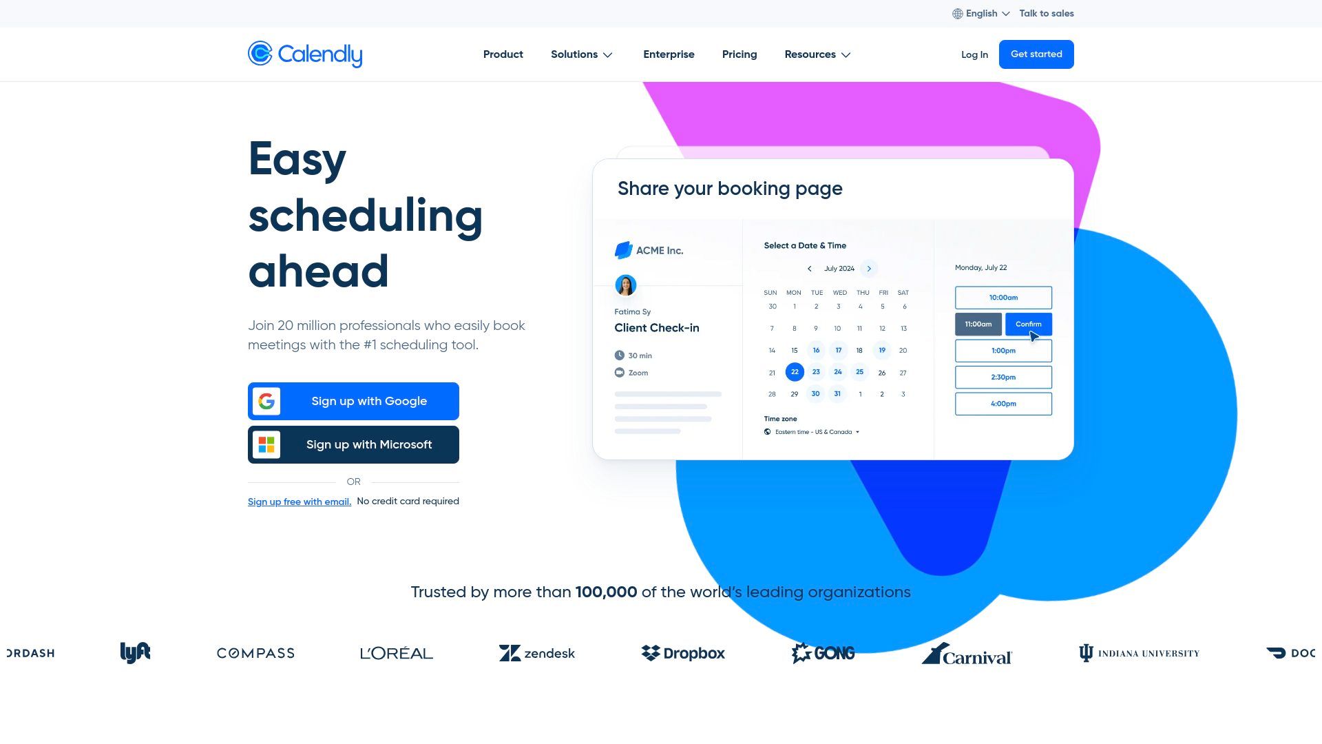 Calendly's streamlined homepage featuring an intuitive scheduling interface, automated calendar integration demo, and enterprise client testimonials against a clean white background with blue accents. The page showcases their meeting scheduling platform's seamless booking experience and professional design.