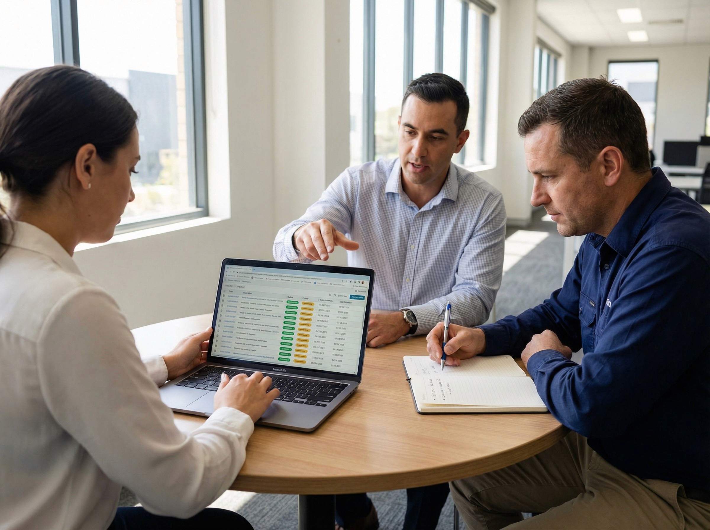 A team of three — a WHS coordinator, a HR business partner, and an operations manager — sitting around a round table in a bright, informal meeting space within a manufacturing company's office area. A laptop at the centre of the table faces mostly toward the WHS coordinator, who is scrolling through a register-style interface with rows, coloured status tags, and date columns — visible as structured elements but not legible.