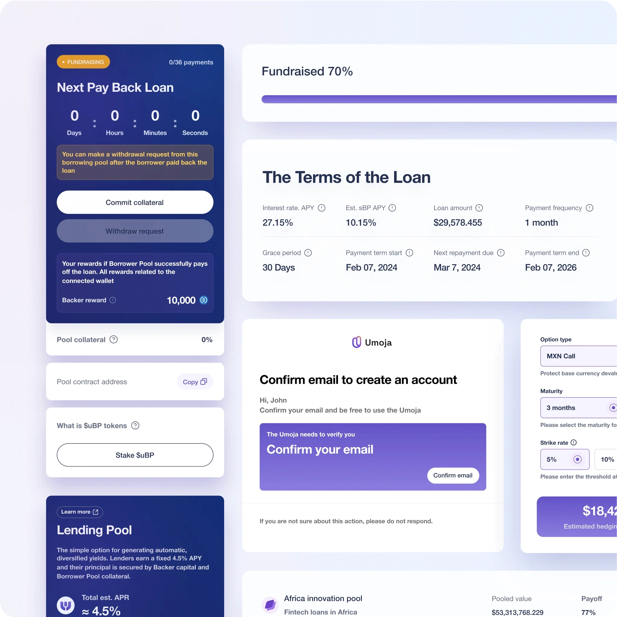 Umoja Protocol app dashboard displaying various financial metrics and loan details. The screen shows a fundraising progress bar at 70%, a section for the 'Next Pay Back Loan' with a countdown timer, options to commit collateral or withdraw request, and the terms of the loan with details like interest rate, loan amount, and payment schedule. Additional sections include an email confirmation prompt, options for staking SuBP tokens, information on a lending pool, and two Africa innovation pools with pooled values and payoff rates.