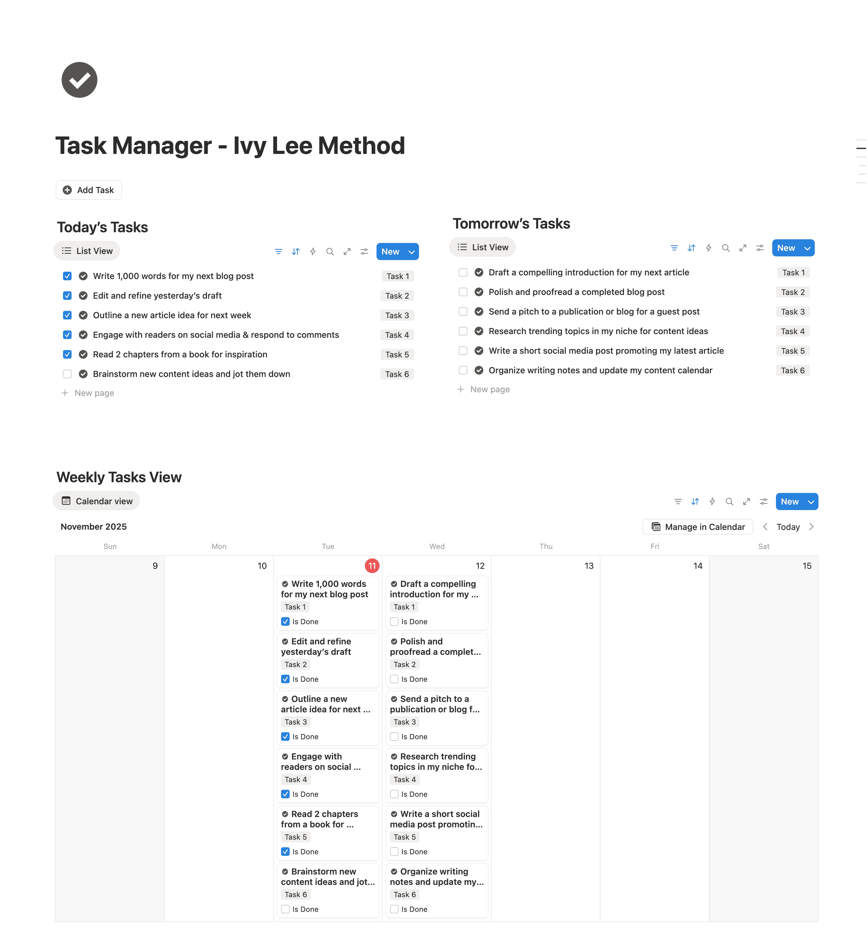 Ivy Lee Method Notion template for prioritizing six daily tasks