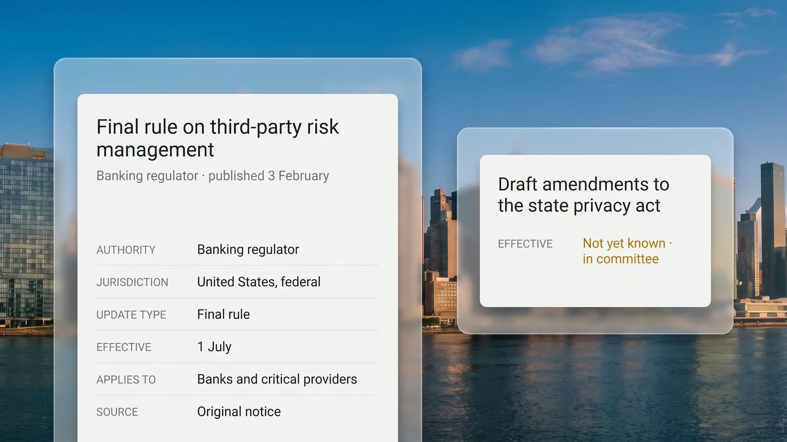 The fields extracted from a final rule, from authority to applicability, beside a bill still in committee whose effective date is marked as not yet known