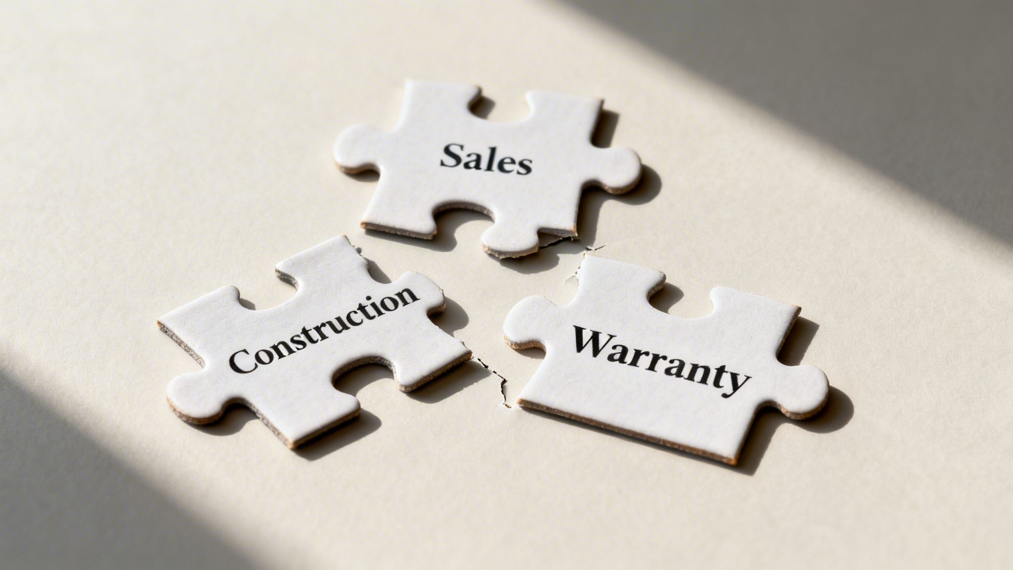 Disconnected white puzzle pieces labeled 'Sales,' 'Construction,' and 'Warranty' on a light background.