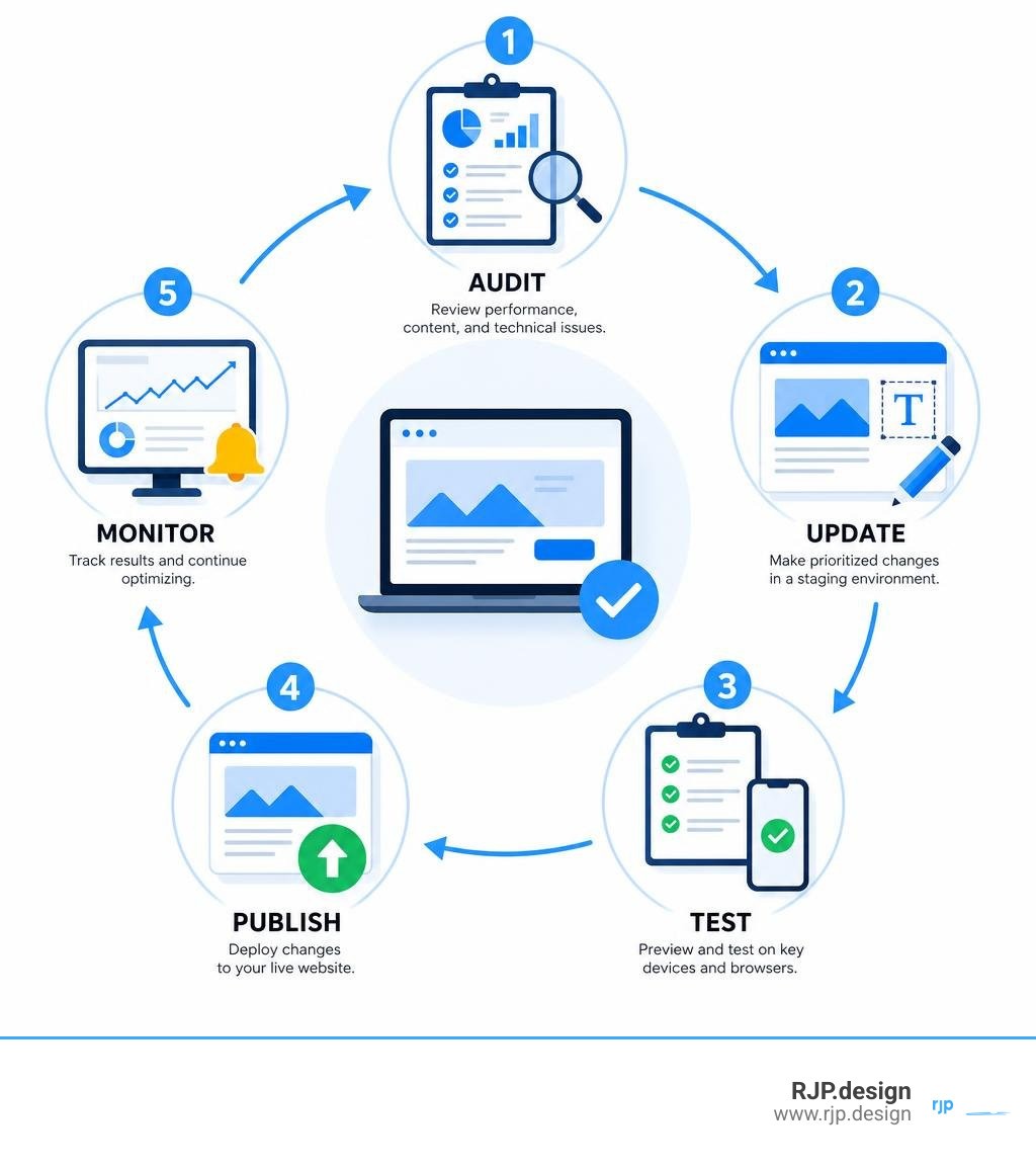 Infographic showing audit, update, test, publish, and monitor website workflow infographic