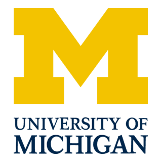 The image shows a large, bold, maize yellow block letter "M" with the text "University of Michigan" in dark blue below it.
