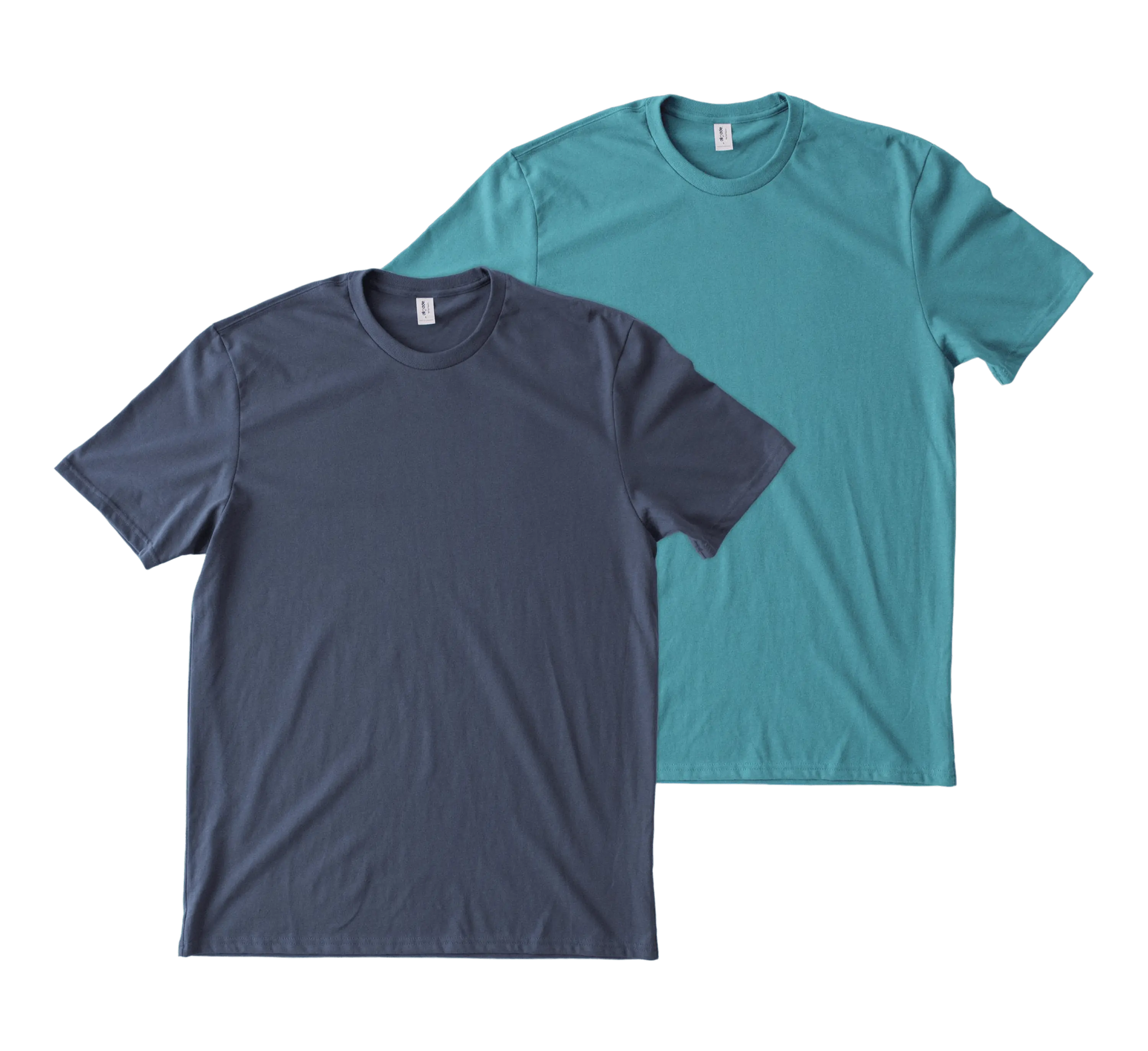 Two plain t-shirts, one navy blue and the other turquoise, are displayed side by side on a neutral background, showcasing their soft cotton fabric and classic round neck design.