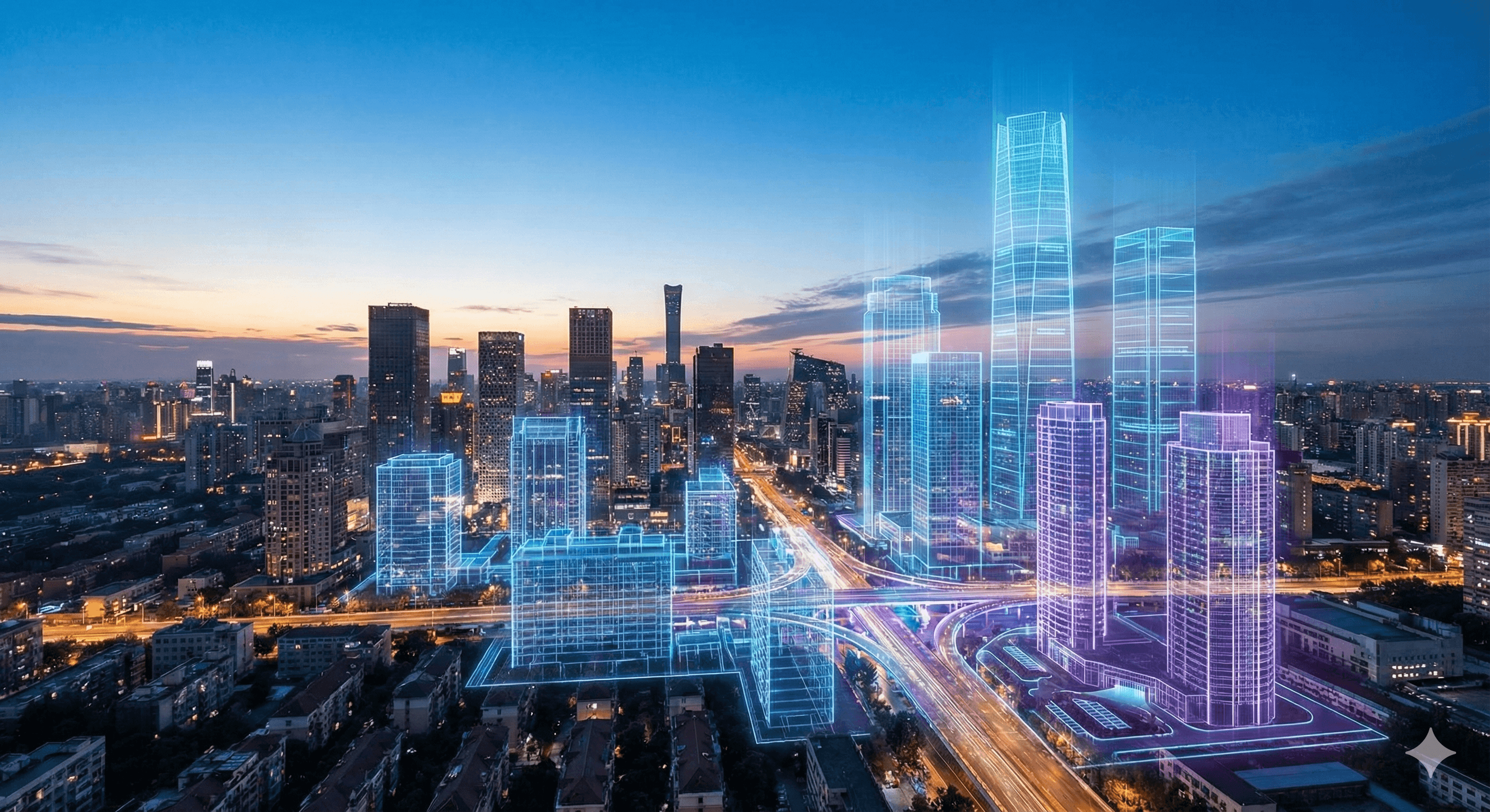 Aerial view of a city at night with glowing blue digital infrastructure overlaid on buildings, representing full-scale AI implementation across an organization