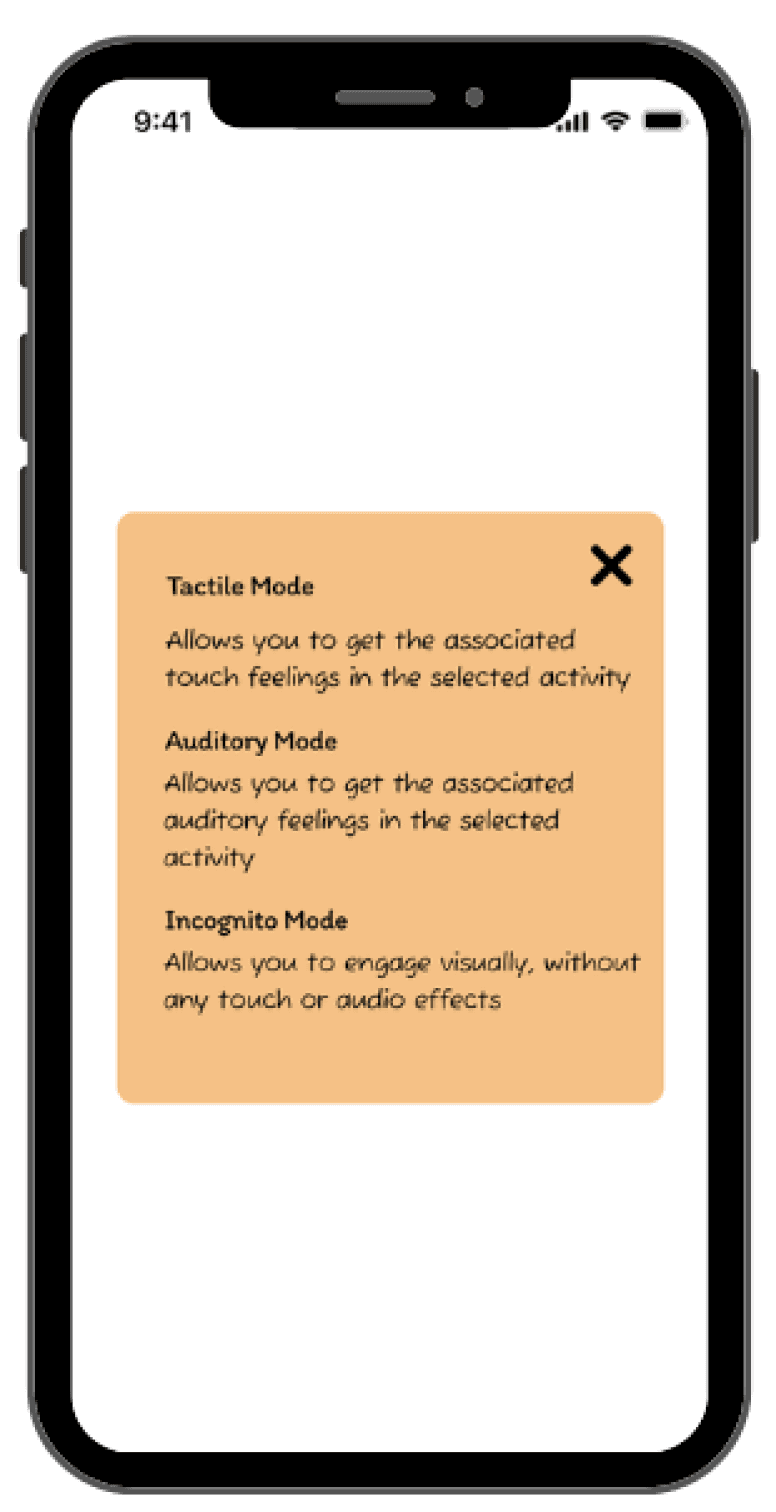Popup describing the different modes - tactile being touch effecs, auditory being sound effects, and incognito being just visuals