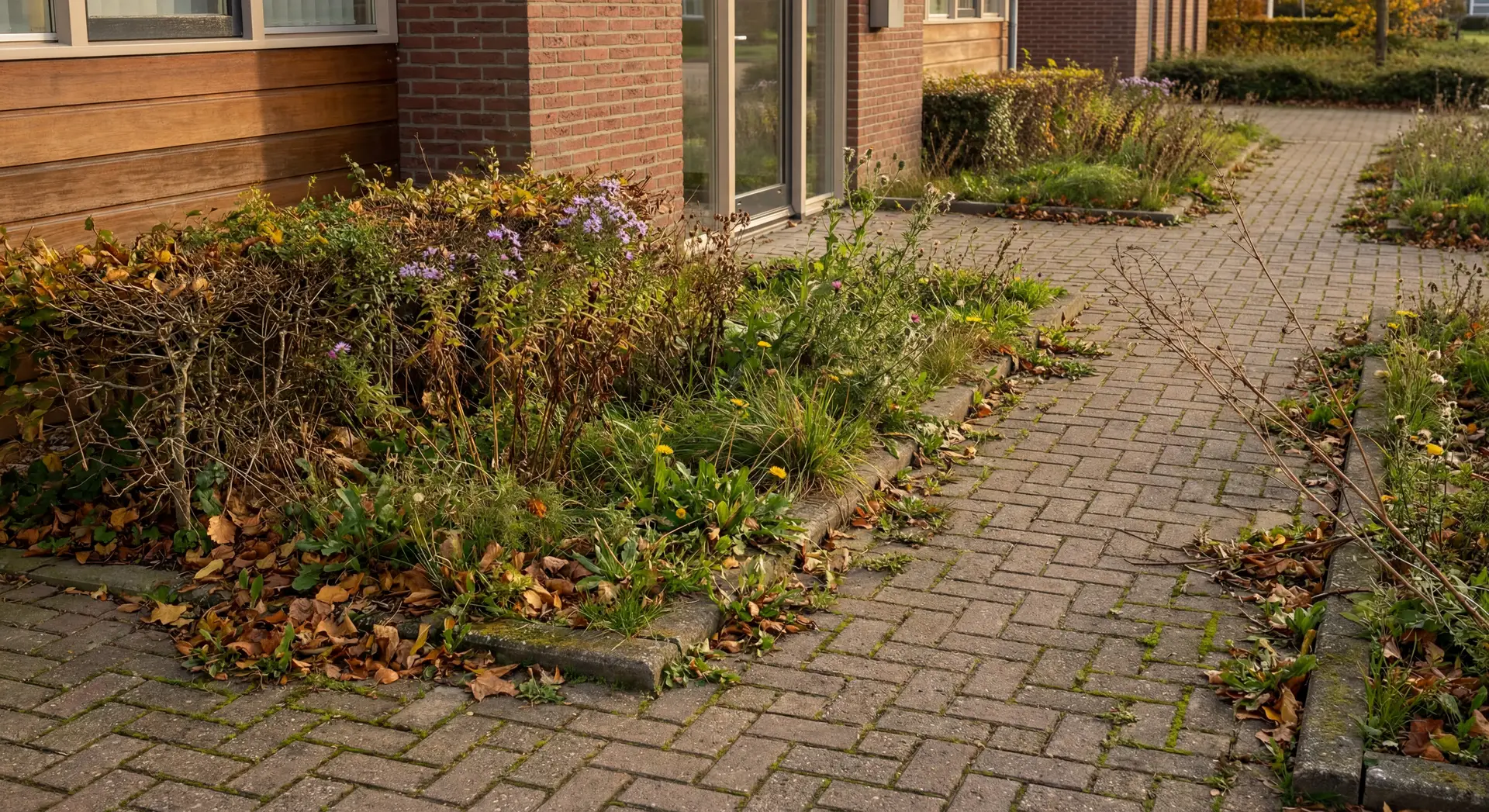 Onoverzichtelijke beplanting en bladeren op een bestrate buitenruimte bij een bedrijfsgebouw.