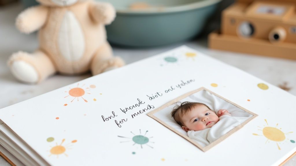 Baby memory book with photo and handwritten text surrounded by toys on white surface
