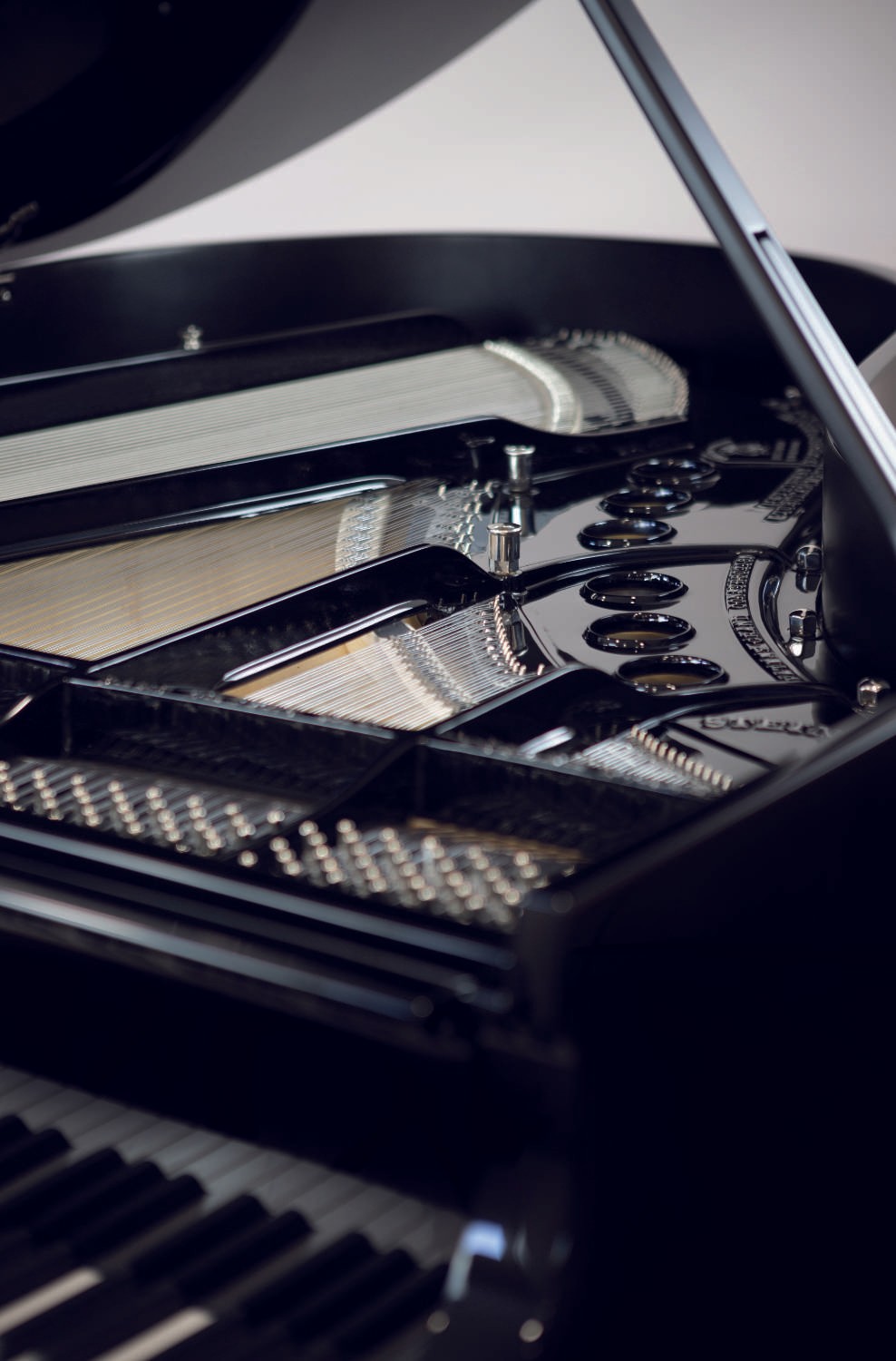 A detailed view of the grand piano's interior, highlighting the black iron frame and intricate string arrangement.