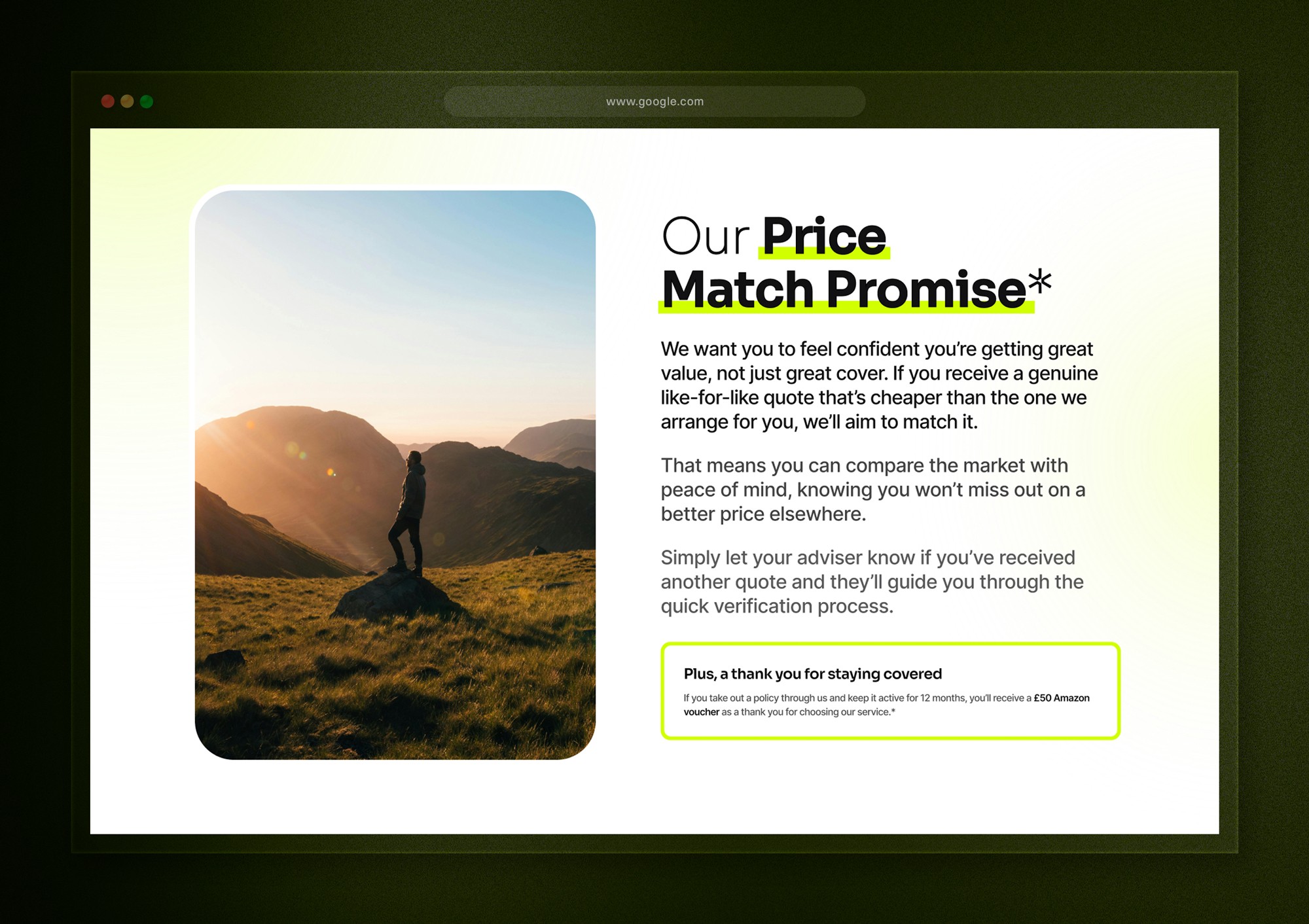 Health insurance website trust signals including benefits, reassurance messaging and clear user guidance