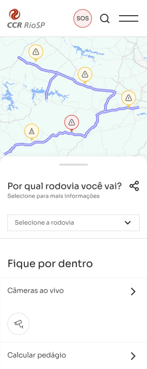 Screenshot of the CCR RioSP mobile app interface showing a map with highlighted routes and warning icons. Below the map, a dropdown menu asks 'Which highway are you taking?' with an option to select a highway. Further down, there are options for 'Live cameras' and 'Calculate toll' with corresponding icons and clickable links.