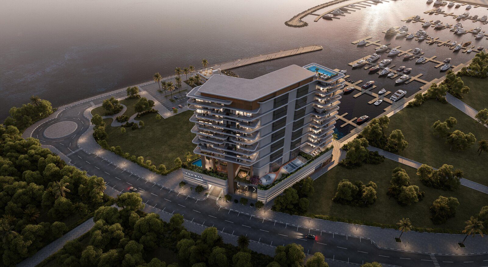 The Bay Interiors by Missoni aerial marina view render