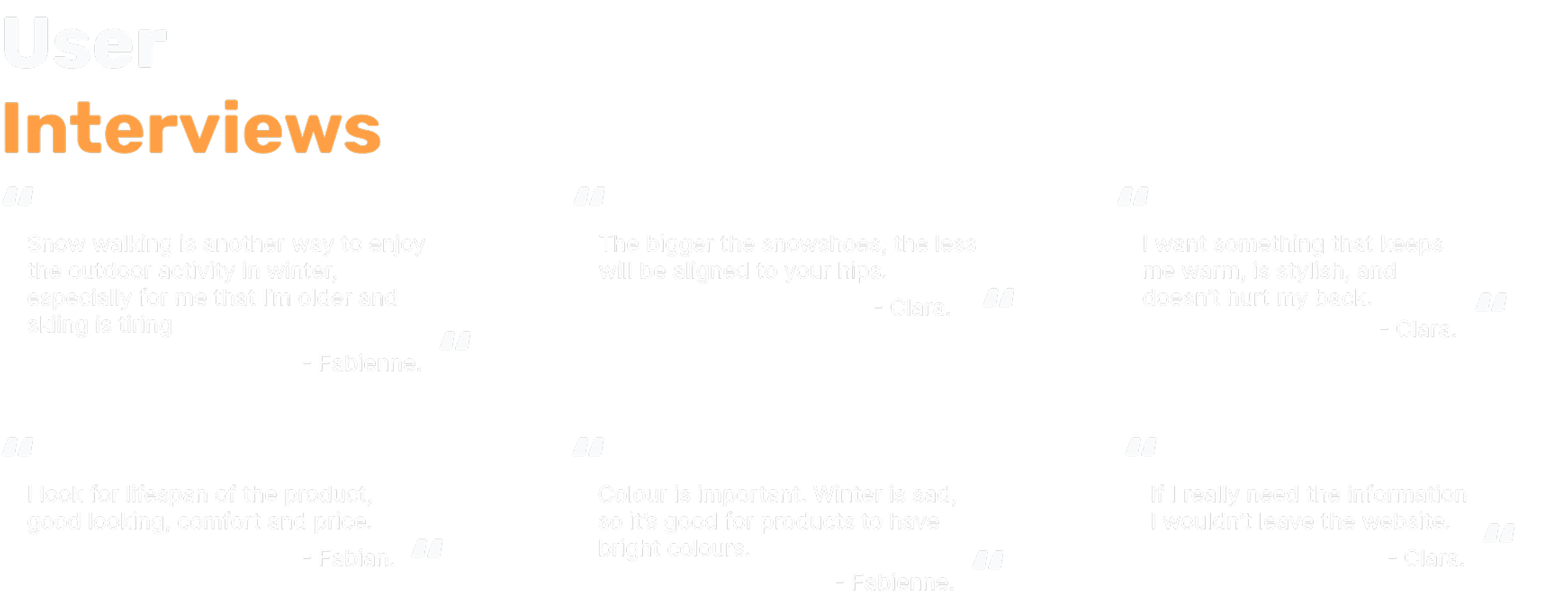 Slide listing verbatim quotes from user interviews about snow walking and snowshoeing—covering needs for comfort, color, lifespan, information clarity, and emotional design—plus a note on forming user personas from qualitative feedback.