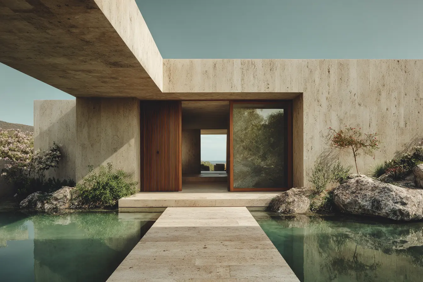 Bayside Villa — long timber-clad house with a boardwalk path across the lawn under a clear blue sky