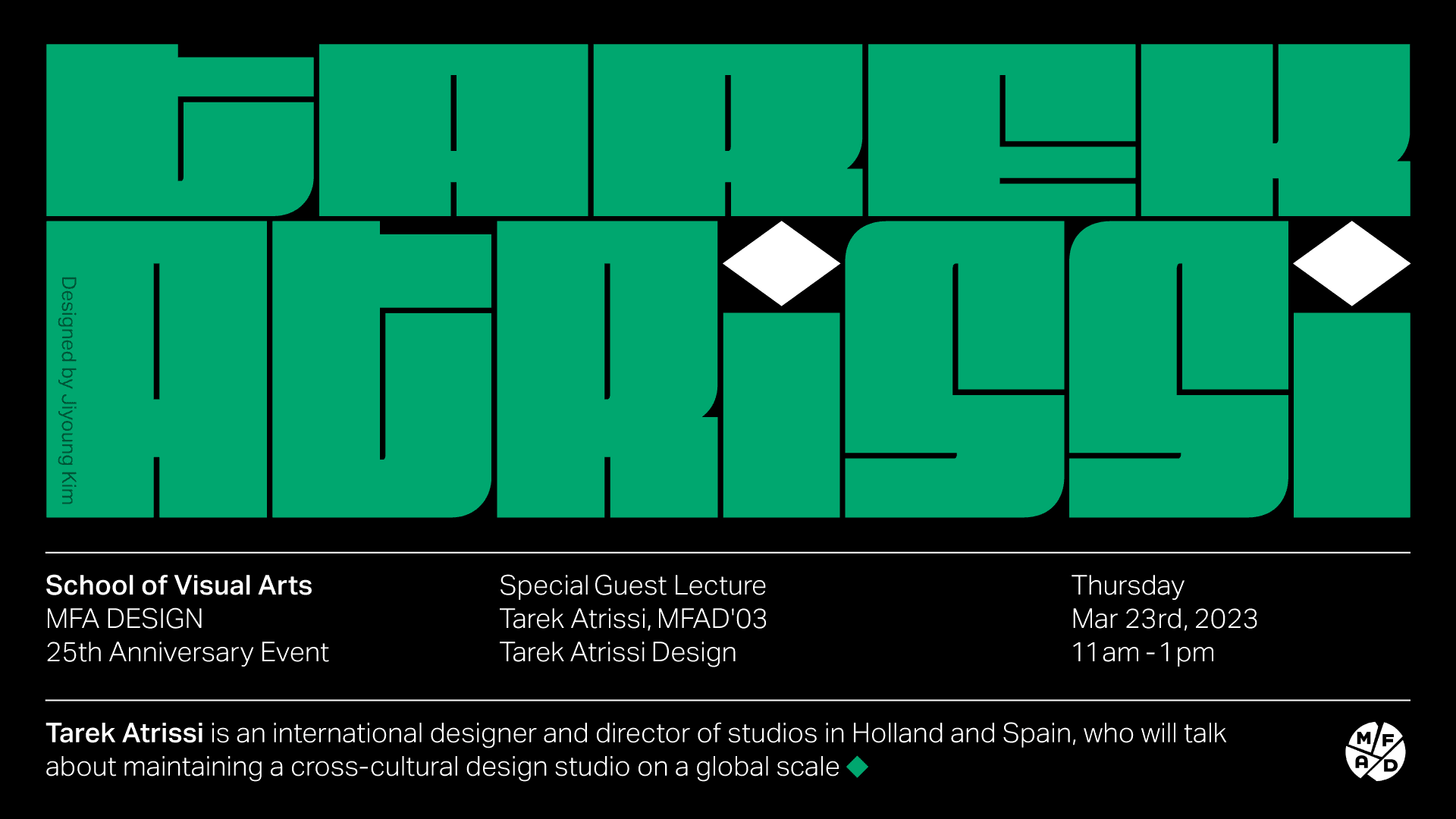 colorful poster for guest lecturer Tarek Atrissi