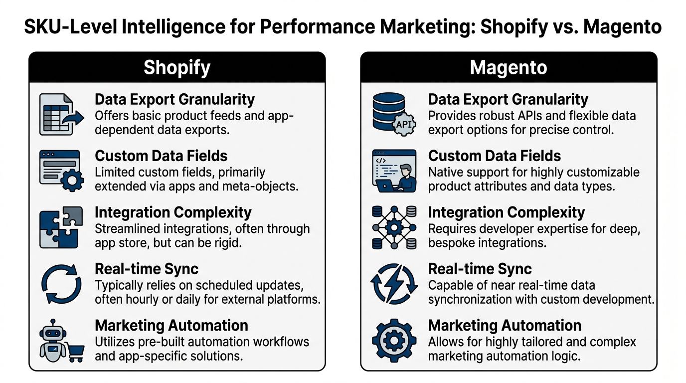 A comparison chart outlining differences between Shopify and Magento for SKU-level performance marketing and data management.