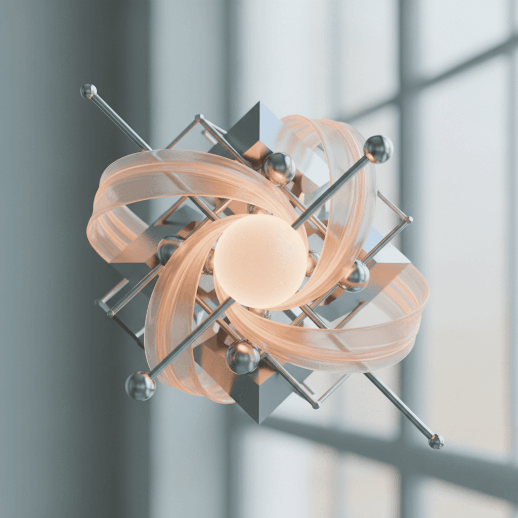 Minimal abstract composition blending organic softness and geometric structure. A motion-blurred pink shape (like a flower or wave) seamlessly merges with precise white architectural grid patterns. Represents harmony between creativity and structure. Soft lighting, airy atmosphere, balanced composition, cinematic depth of field.