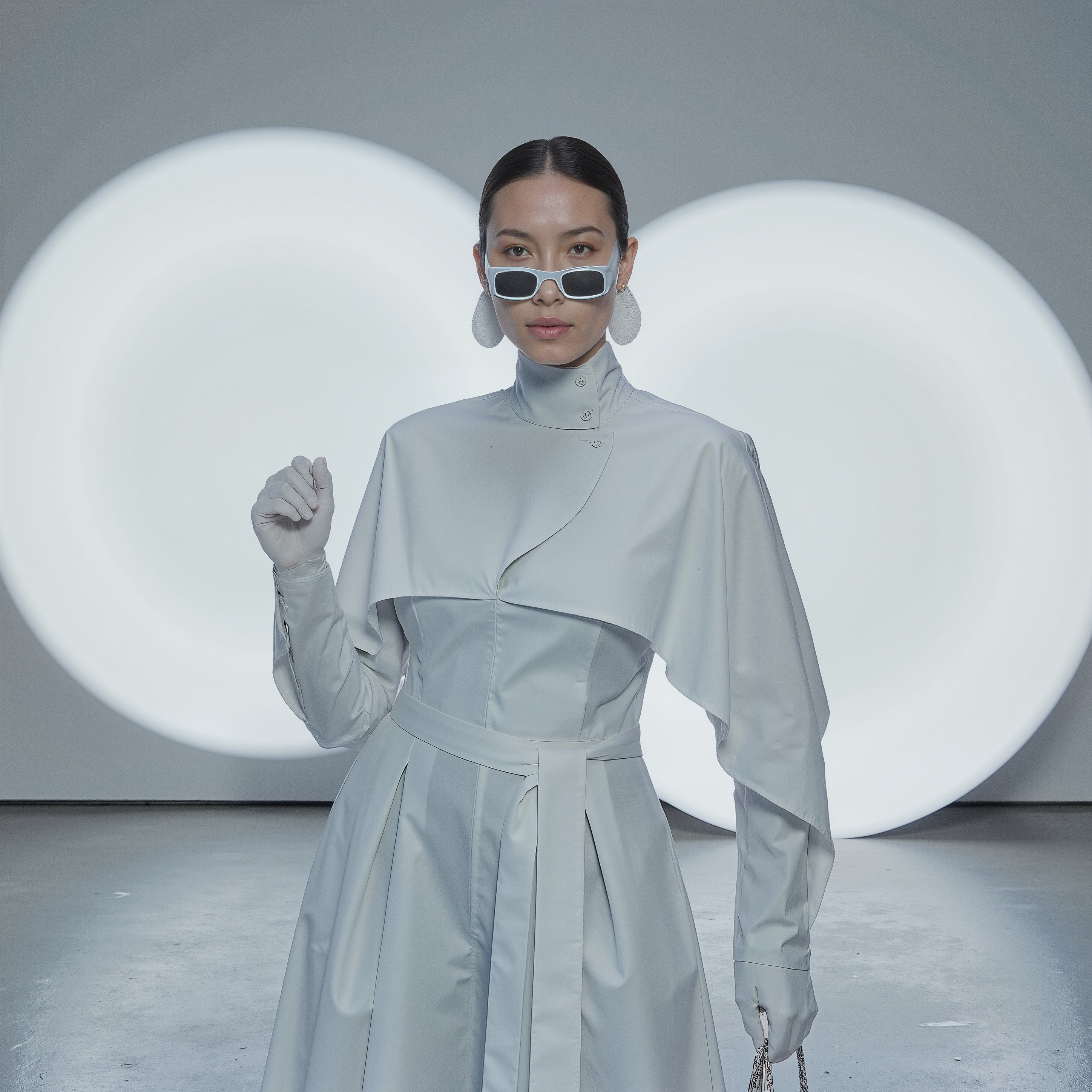 ai fashion in a white architectural dress with pleated skirt in a minimalist studio