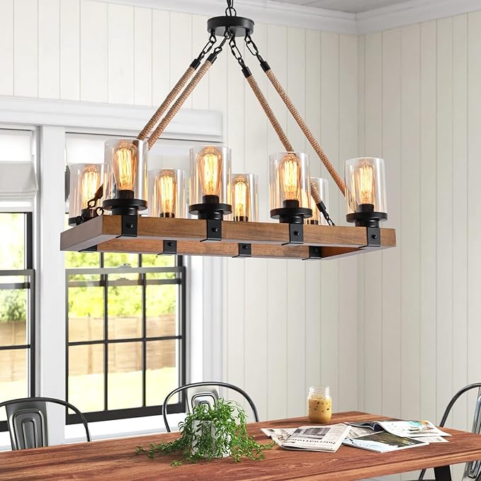 Farmhouse kitchen chandelier enhances the room with its unique design.