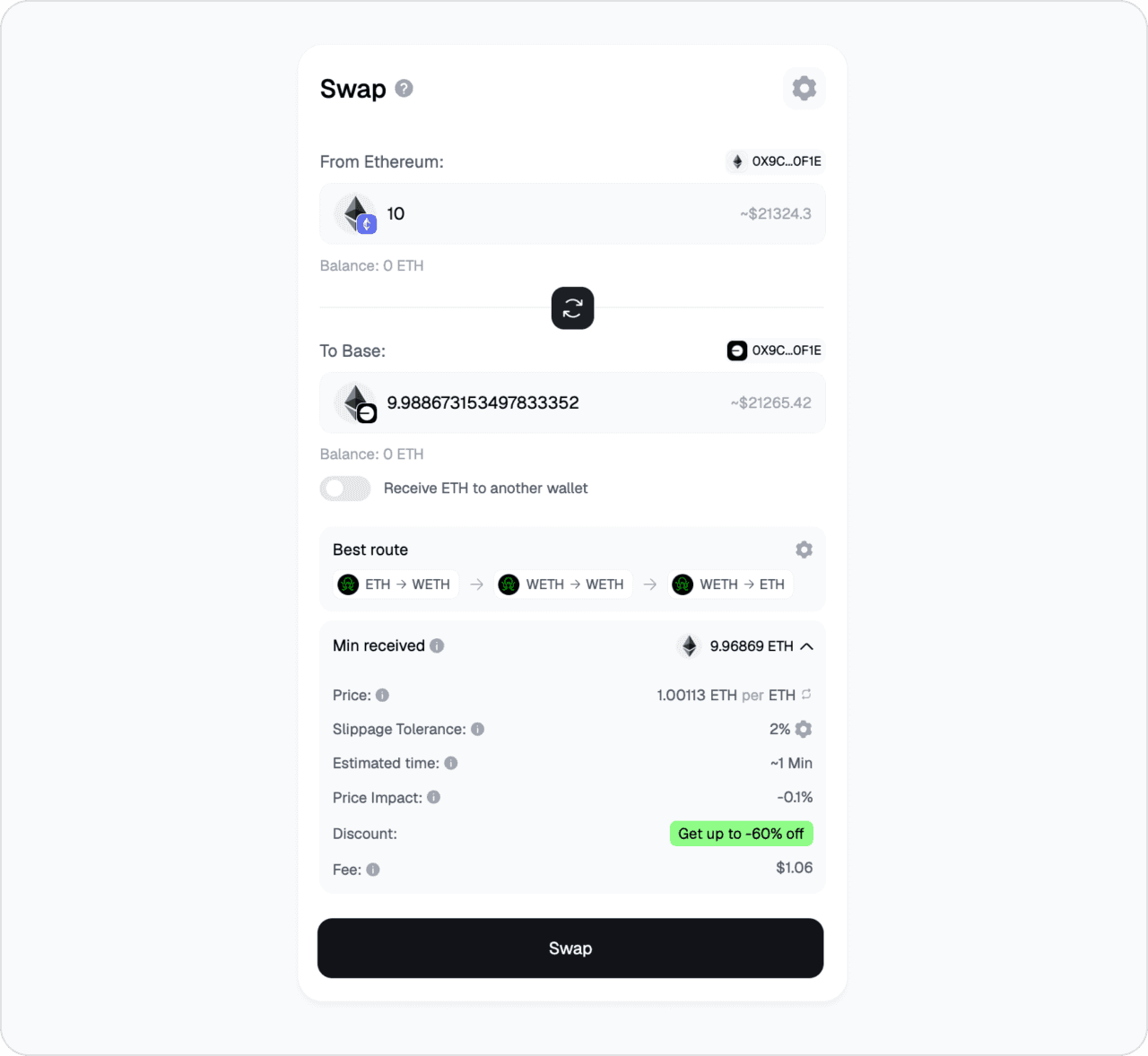 ETH to Base L2 bridge route, ETH stays as native gas, best-route preview shown.