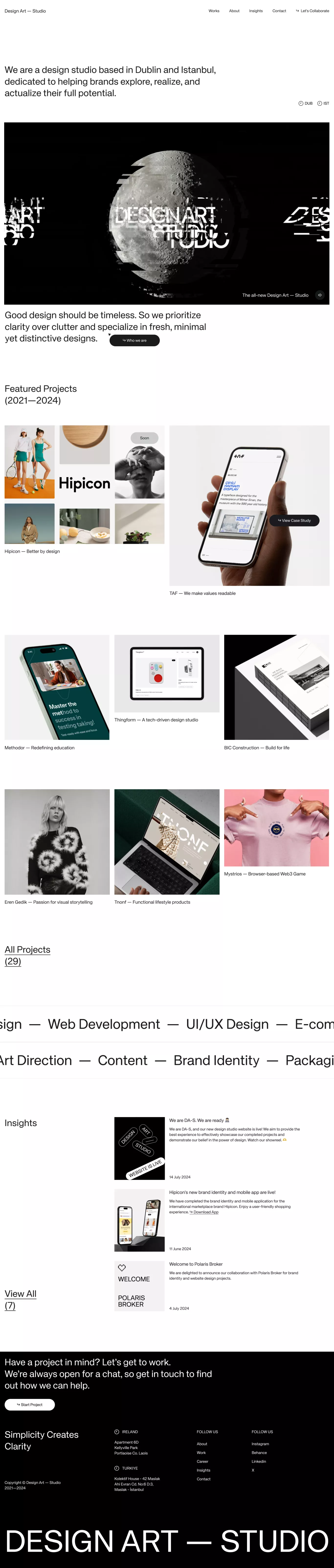 DA-S · Design Art – Studio portfolio page screenshot showcasing Design and Tech design