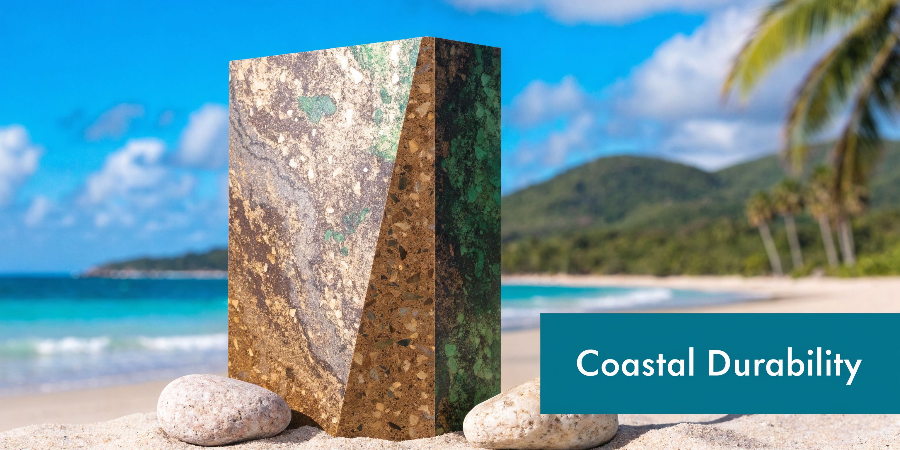 A modern material sample showing textured stone finishes placed on a sandy beach for durability testing.