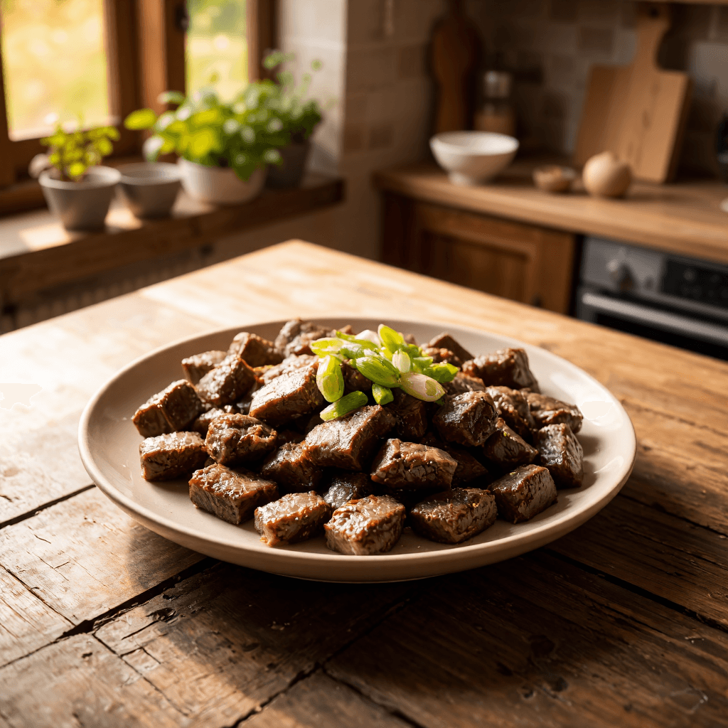 product photography of a plate of cooked beef pieces garnished with green onions