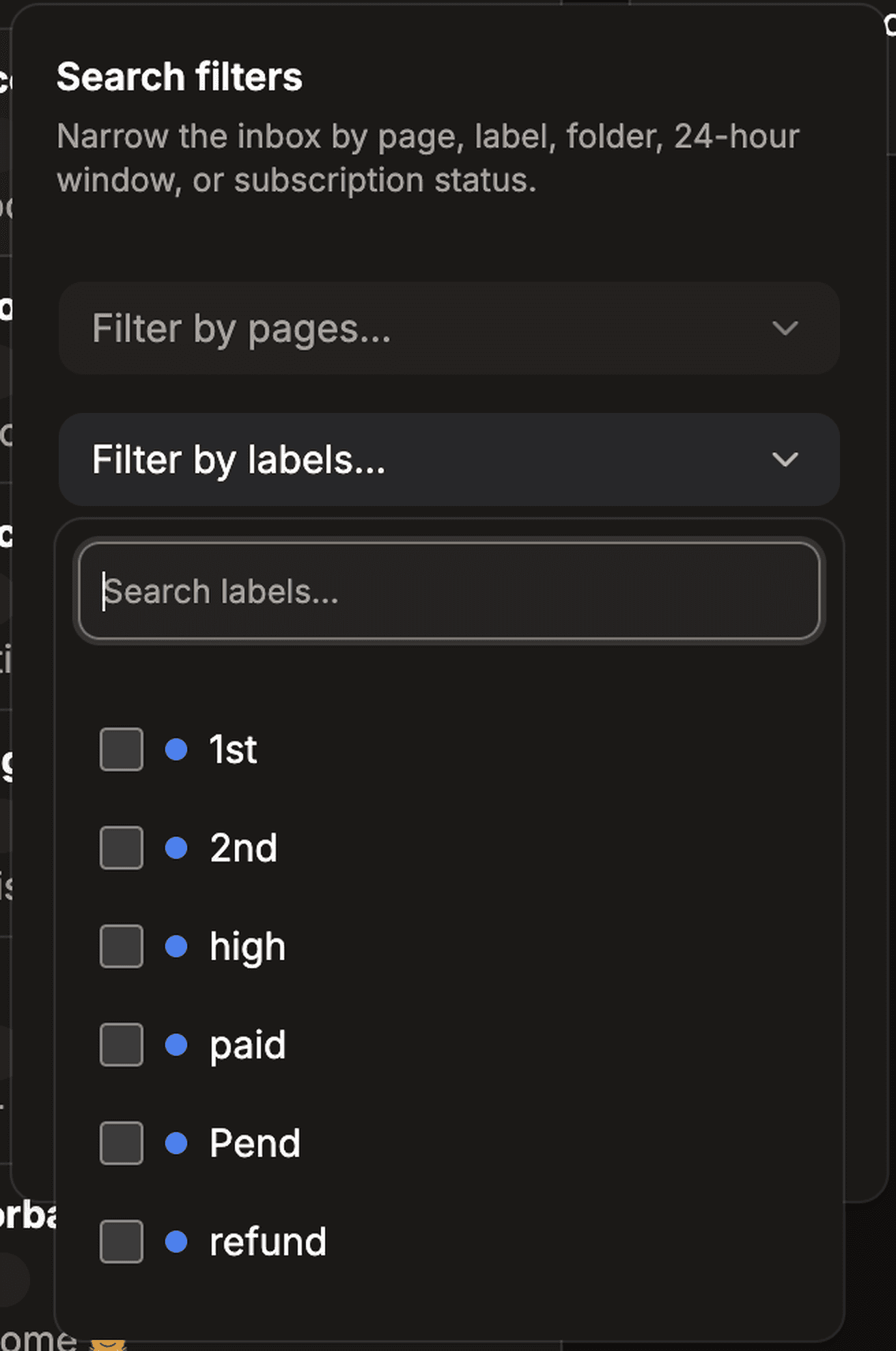The Search filters panel open over the inbox, with Filter by pages and Filter by labels dropdowns and a list of workspace labels with checkboxes.