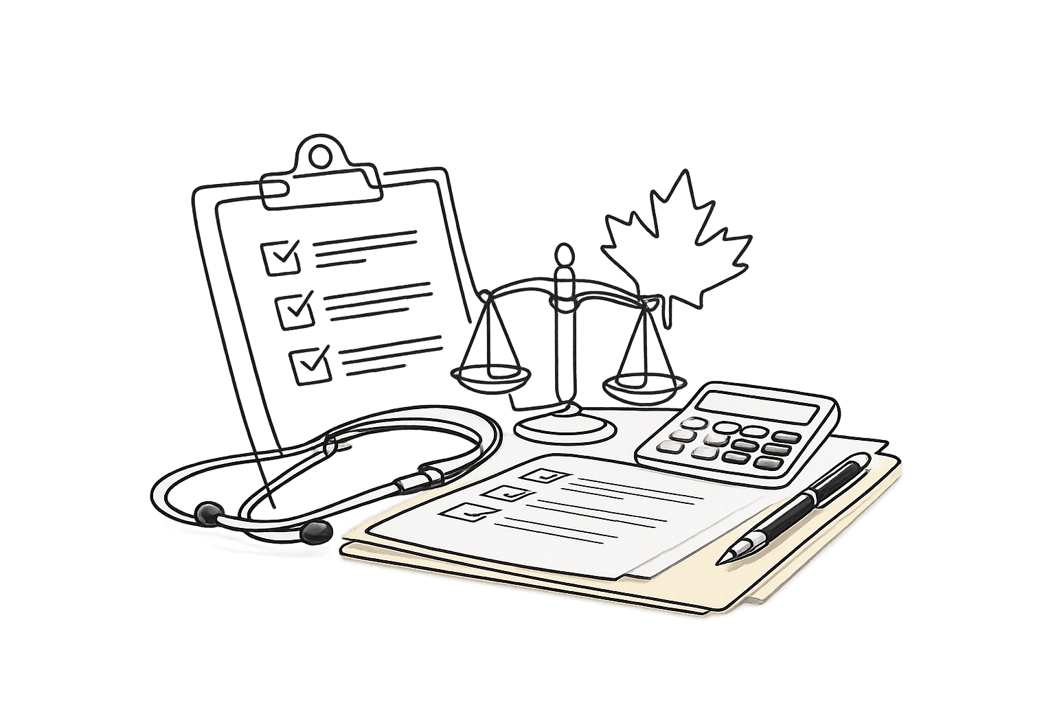 Continuous contour line illustration of medical assessment checklist, scales of balance and stethoscope representing panel physician immigration medical exam review by GTA Immigration Physicians under IRCC medical admissibility guidelines in Canada
