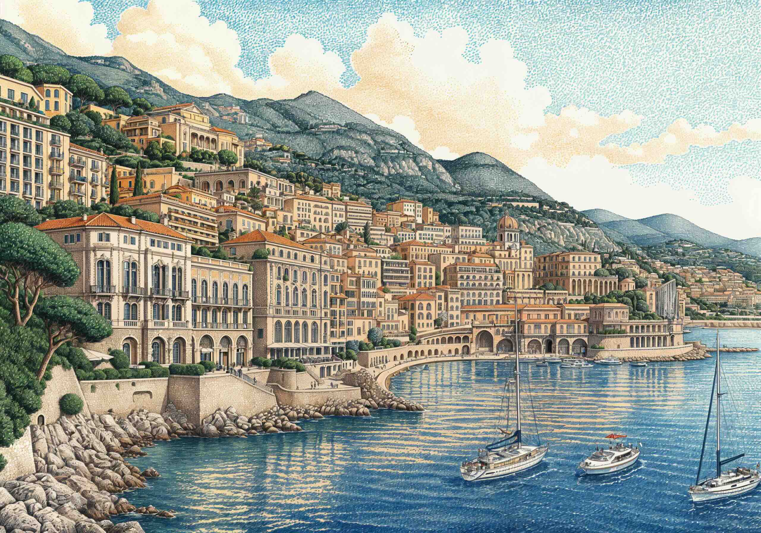 A detailed illustration of Monaco's coastline, featuring luxurious buildings cascading down a hillside towards the blue Mediterranean Sea. Elegant yachts float in the harbor, while green trees and mountains form a scenic backdrop under a partly cloudy sky.